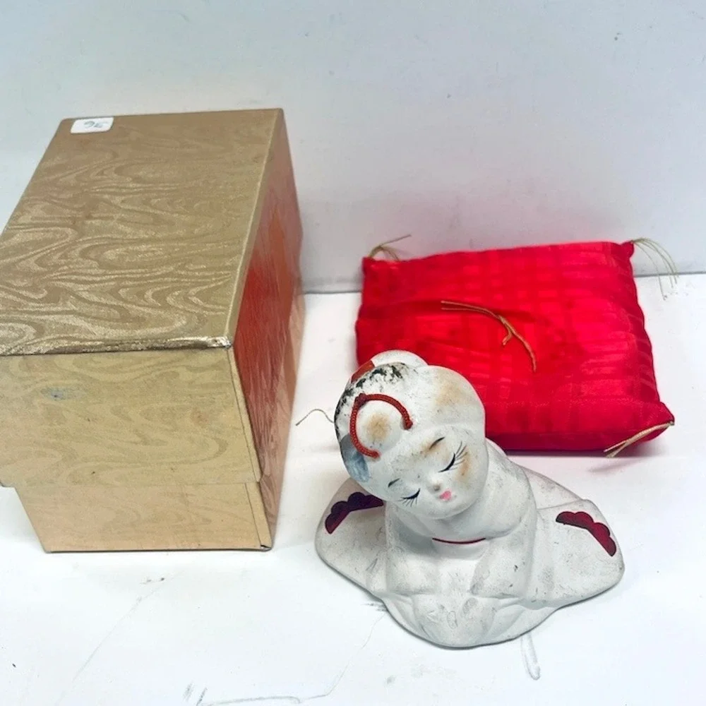 Vintage Hakata Urasaki Japanese Bisque Doll Figurine with Red Cushion and Box